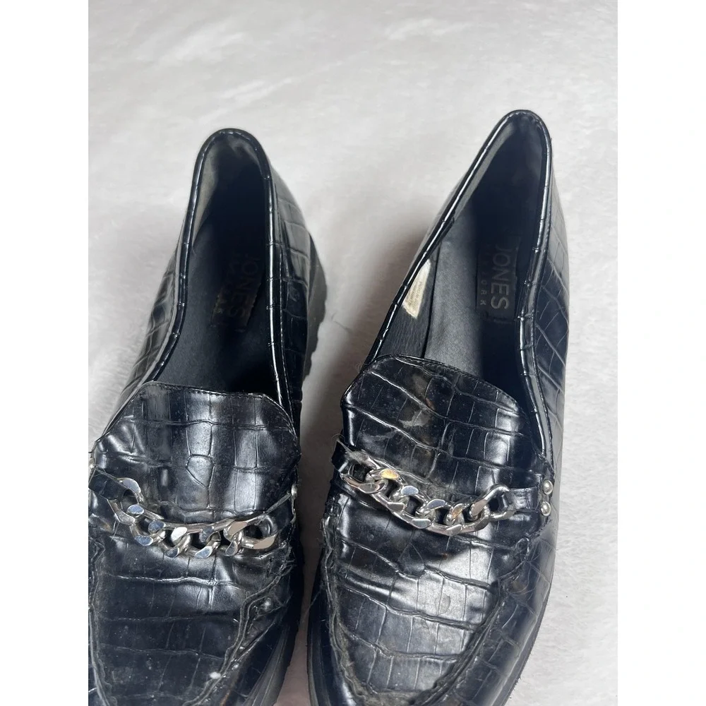 Jones New York Loafers Womens Size 8.5 Black Faux Croc Chain Lug Sole‎ Slip On